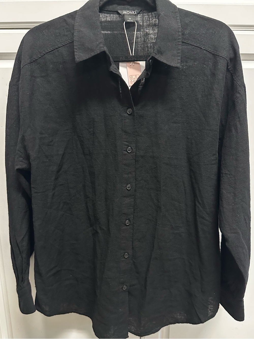 Black Long-Sleeve Linen Blend Button-Down Shirt